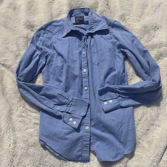 American Eagle Pinstripe Ruffle Button-Up Shirt – Size S | Prep | Cotton Classic - Picture 1 of 6